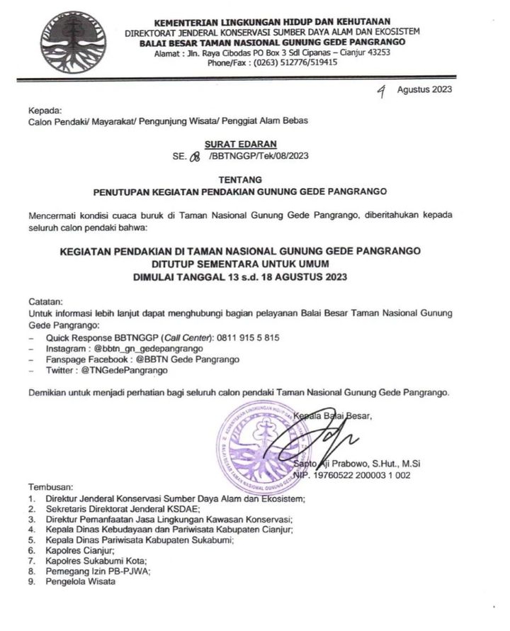 Surat Edaran Pendakian Gn. Gede Pangrango 